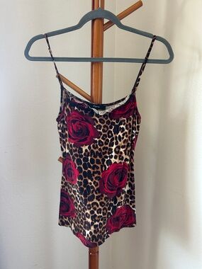 Vintage Y2K Express Leopard-Print Cami with Red Rose Accents